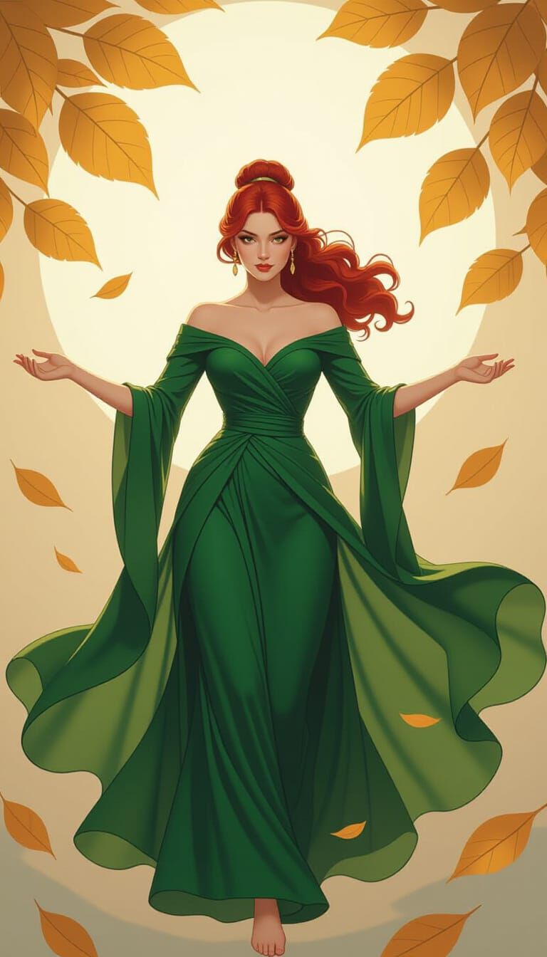 Mystical Woman in Emerald Gown: Cinematic Digital Art