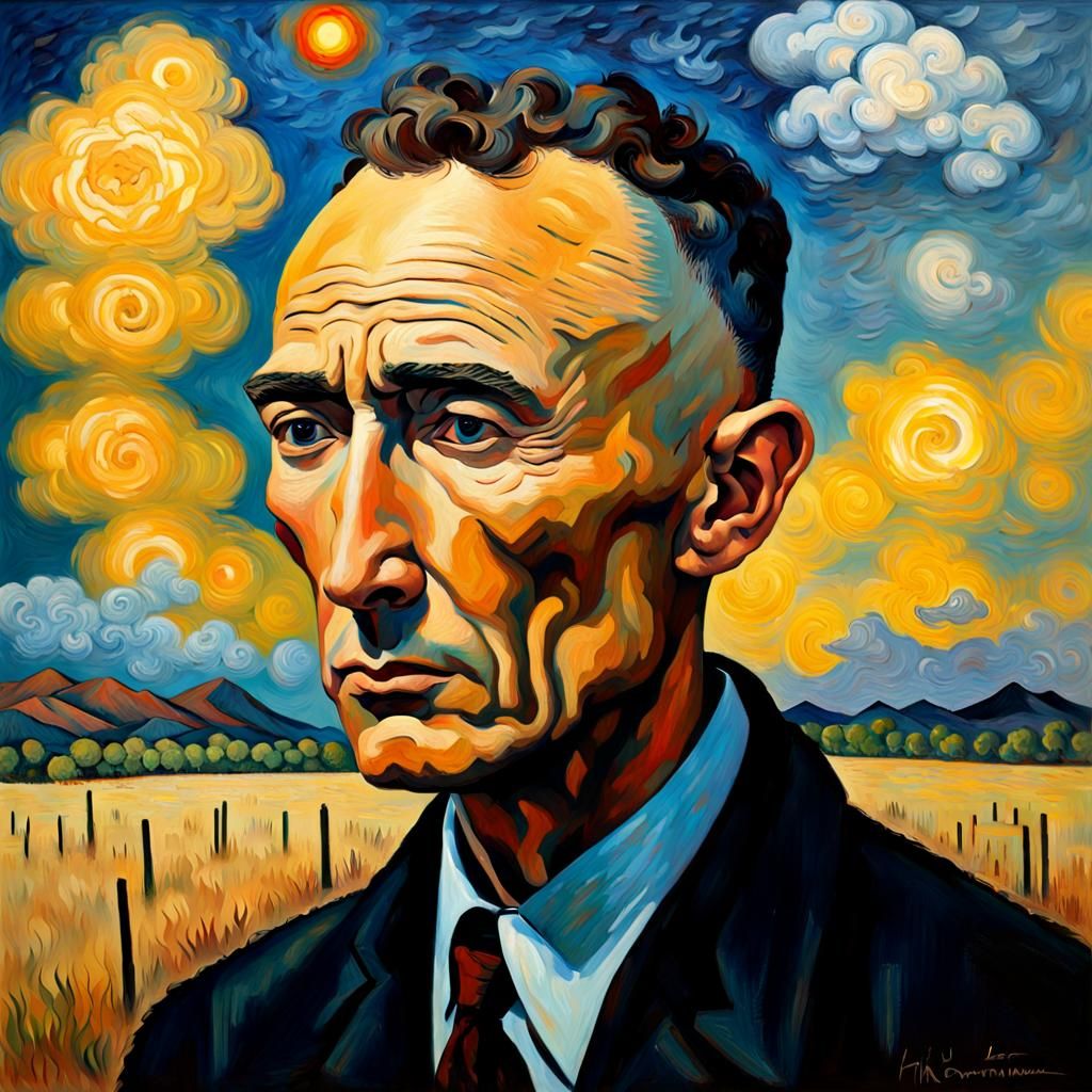 Oil painting of J. Robert Oppenheimer, in the style of Van Gogh, Post-Impressionism, Neo-Impressionism, intense gaze ref...