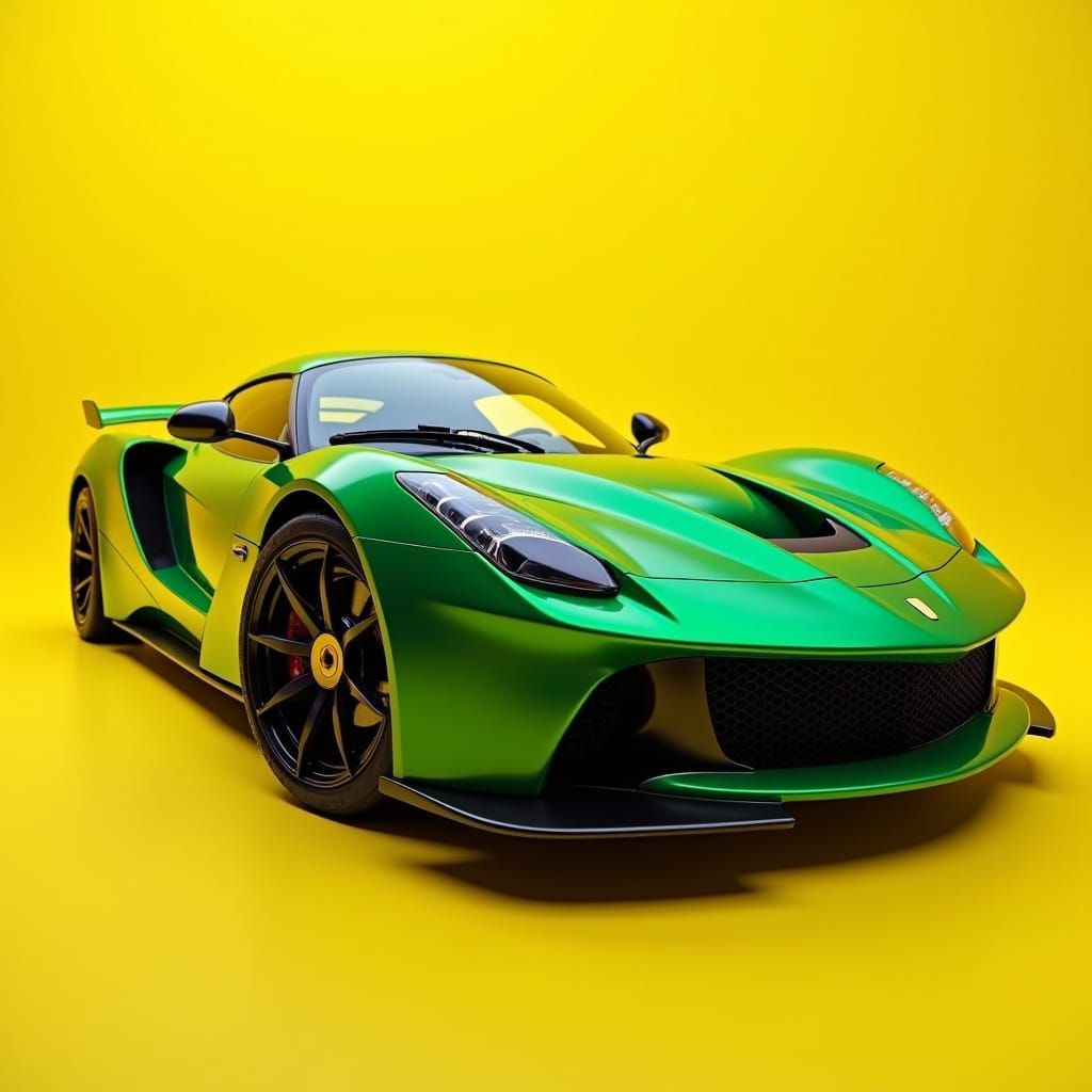 Elegant Emerald Green Sports Car on Vibrant Yellow Backgroun...