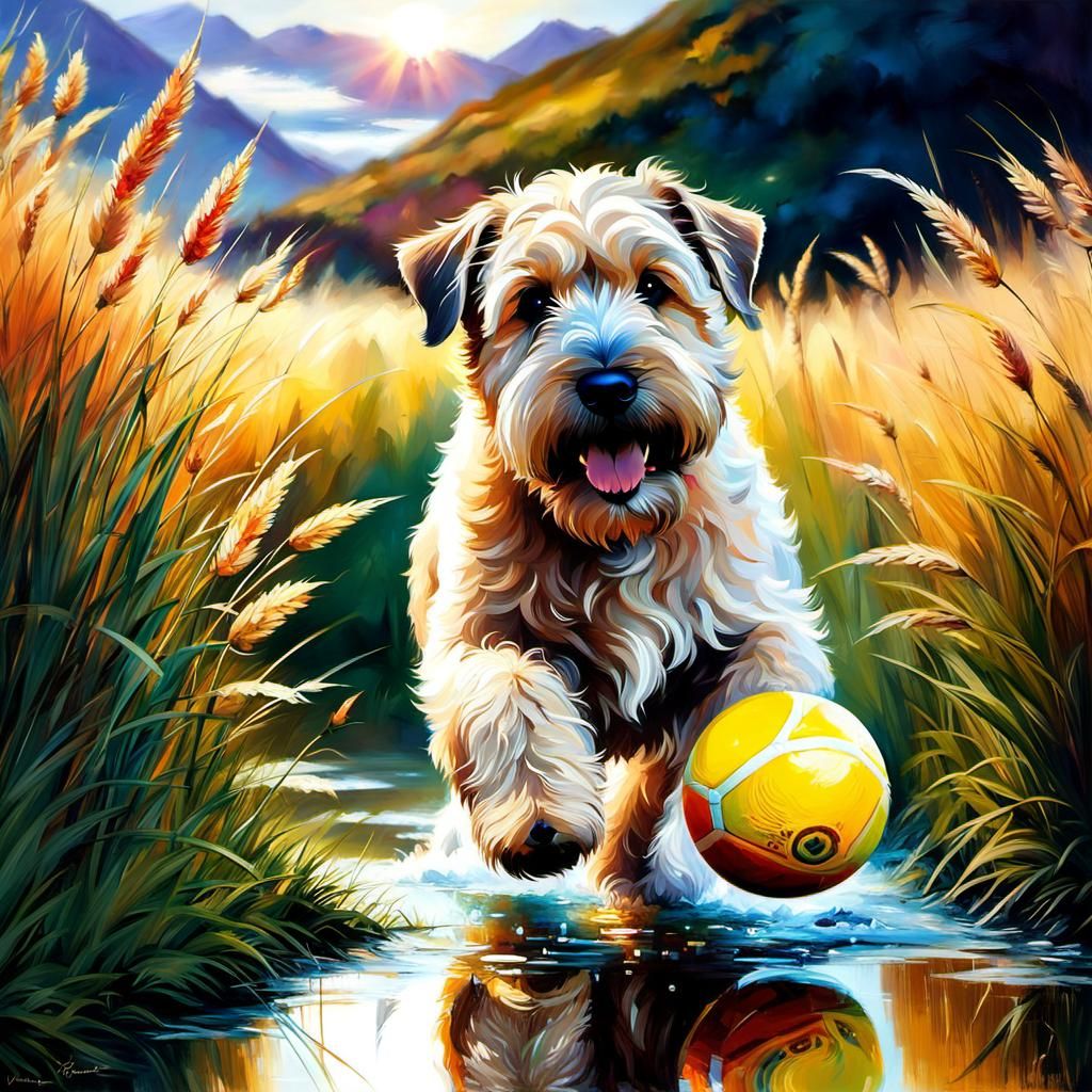 Joyful Irish Soft Coated Wheaten Terrier in a Vibrant Matte....