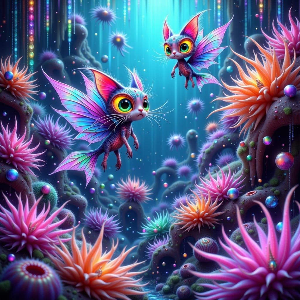 Glowing Iridescent Fishies Amidst Shimmering Glass Coral Ree...