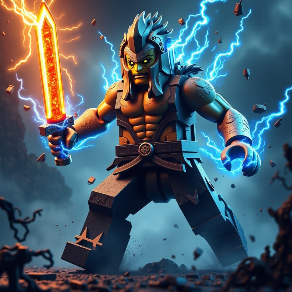 <lora:Lego action:1.0> A towering yellow Lego figure envisioned as a monstrous barbarian ( Lego head)captured mid-air in...