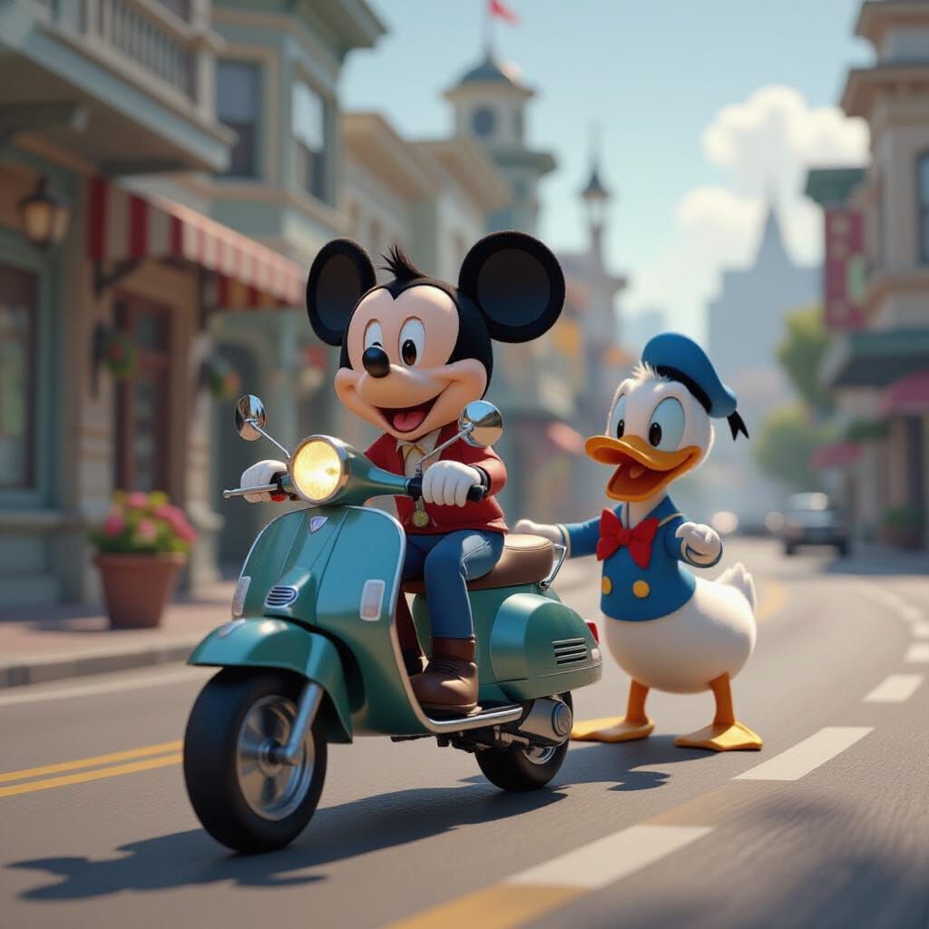 Jindra Rides a Motorbike with Mickey and Donald