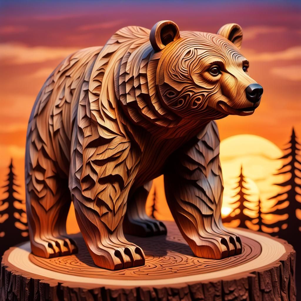 Surreal Bear Wood Carving in Auric Art Style