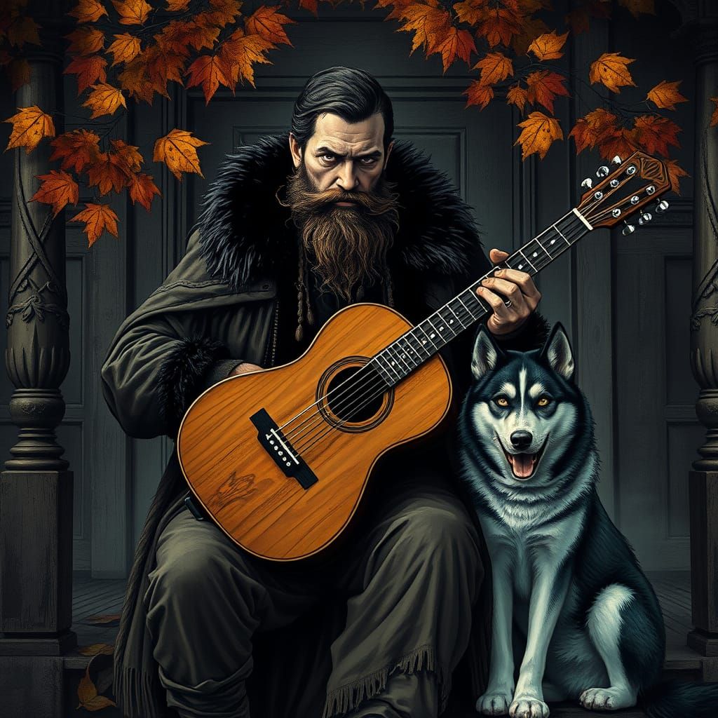 Bearded Man Plays Haunting Guitar in Autumnal Twilight