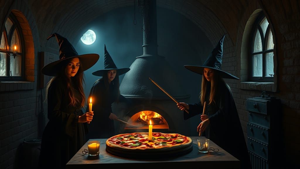 Mystical Witches Gather Around a Haunting Pizza Oven