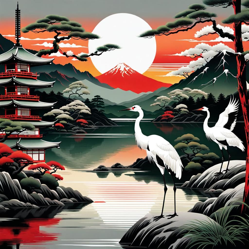 Traditional Japanese Sunset Scene in Ukiyo-e Art Style