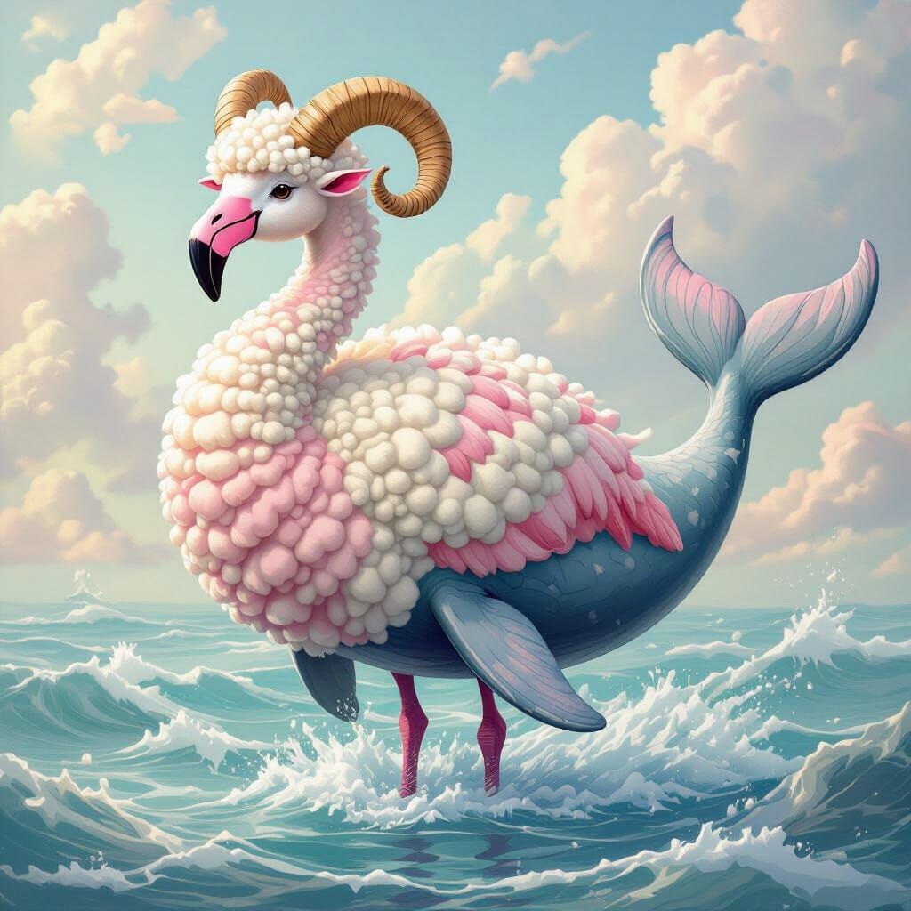 Whimsical Flamingo Creature with Sheep Horns and Whale Tail