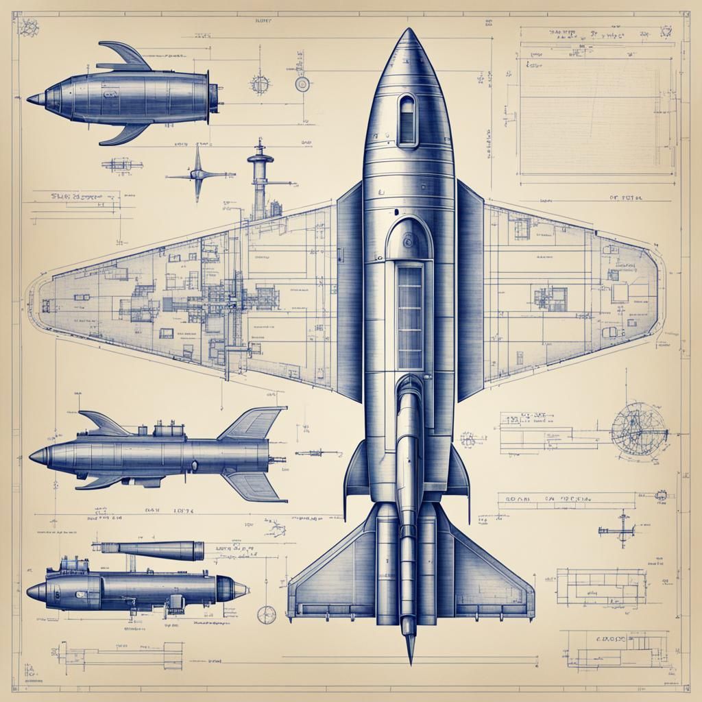 Vintage Rocket Ship Blueprint in Retro Style