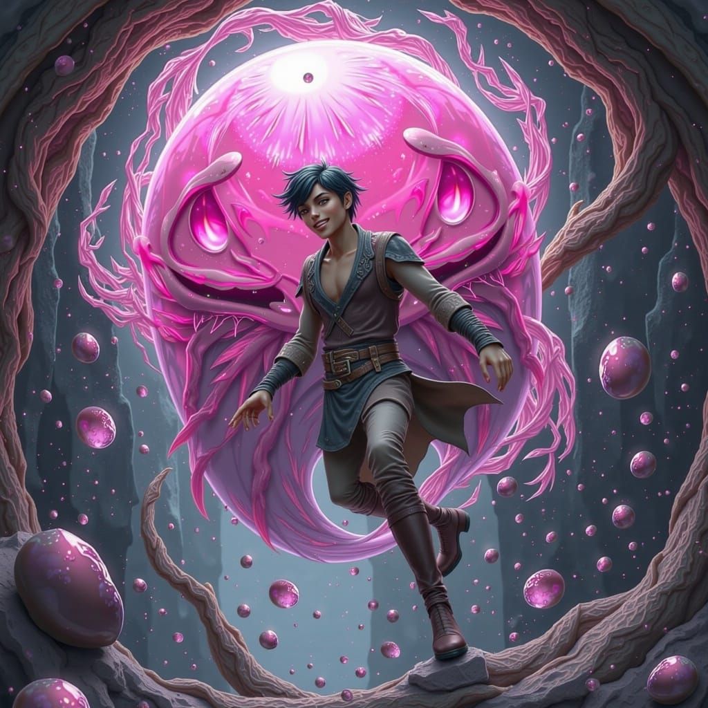 Boy in Bubble Above Roaring Beast: Heroic Fantasy Art