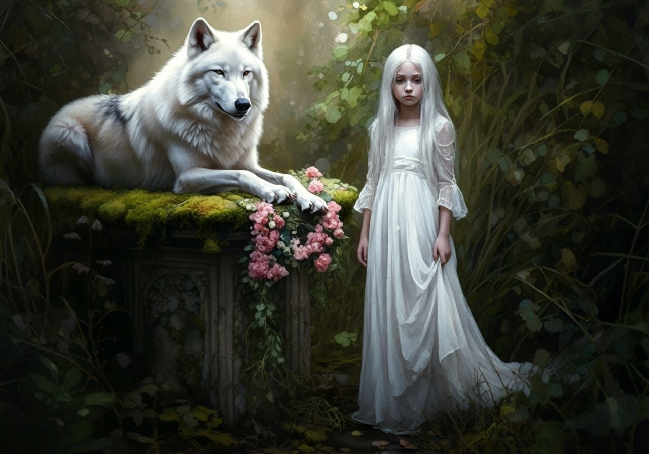 Girl and Wolf at Mossy Altar in Watercolor Style