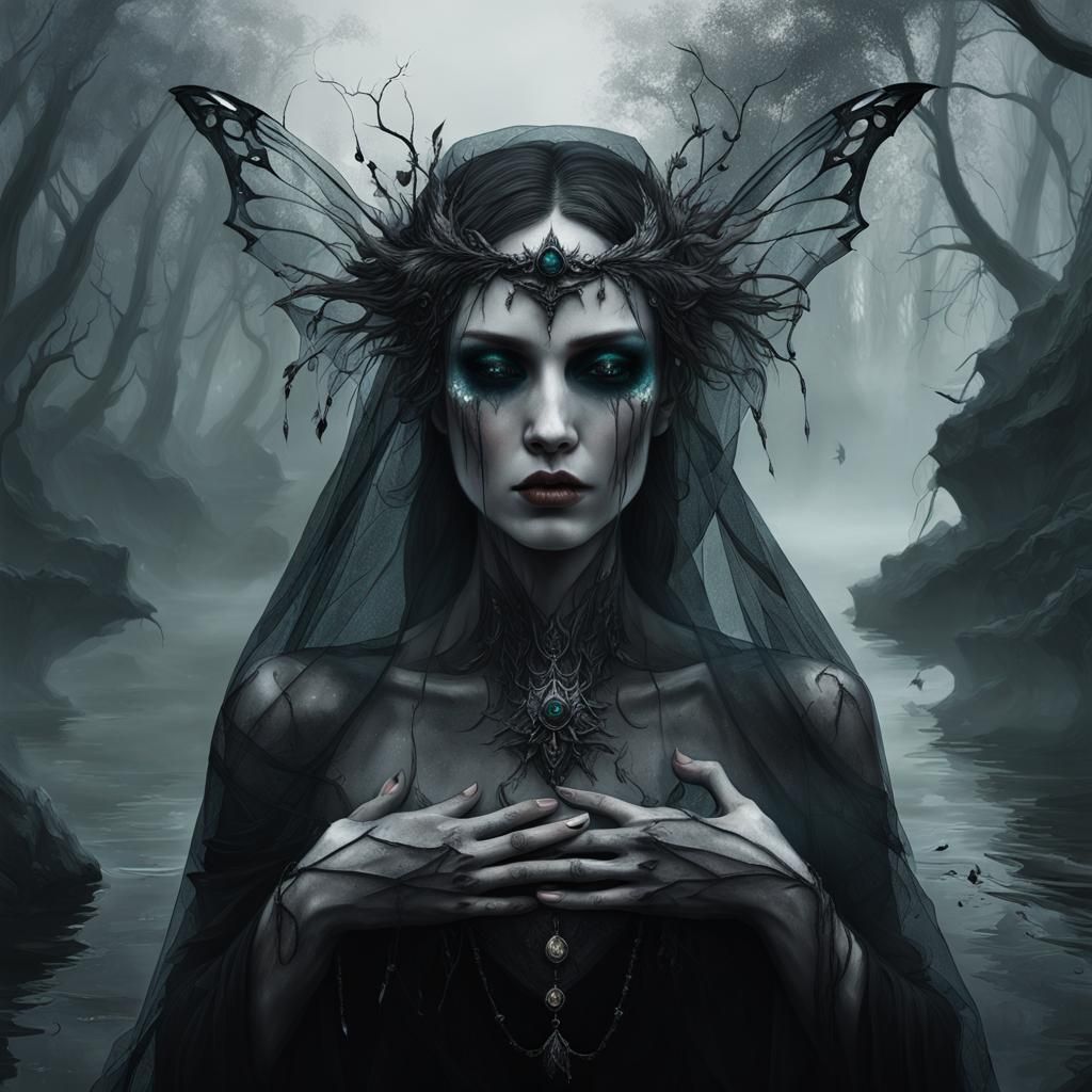 Ethereal Dark Fairy in Misty Night Sky