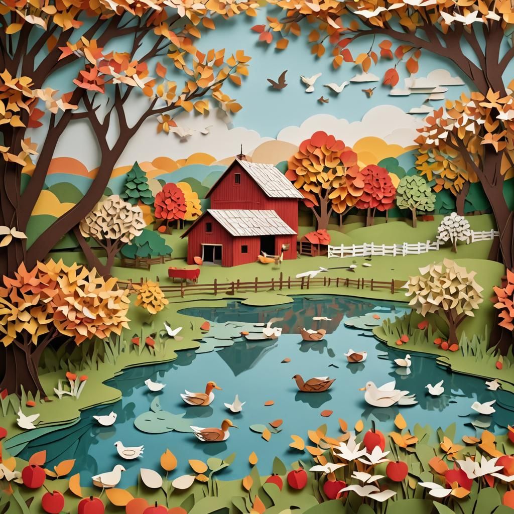 Surreal Autumn Landscape in Paper Collage Style
