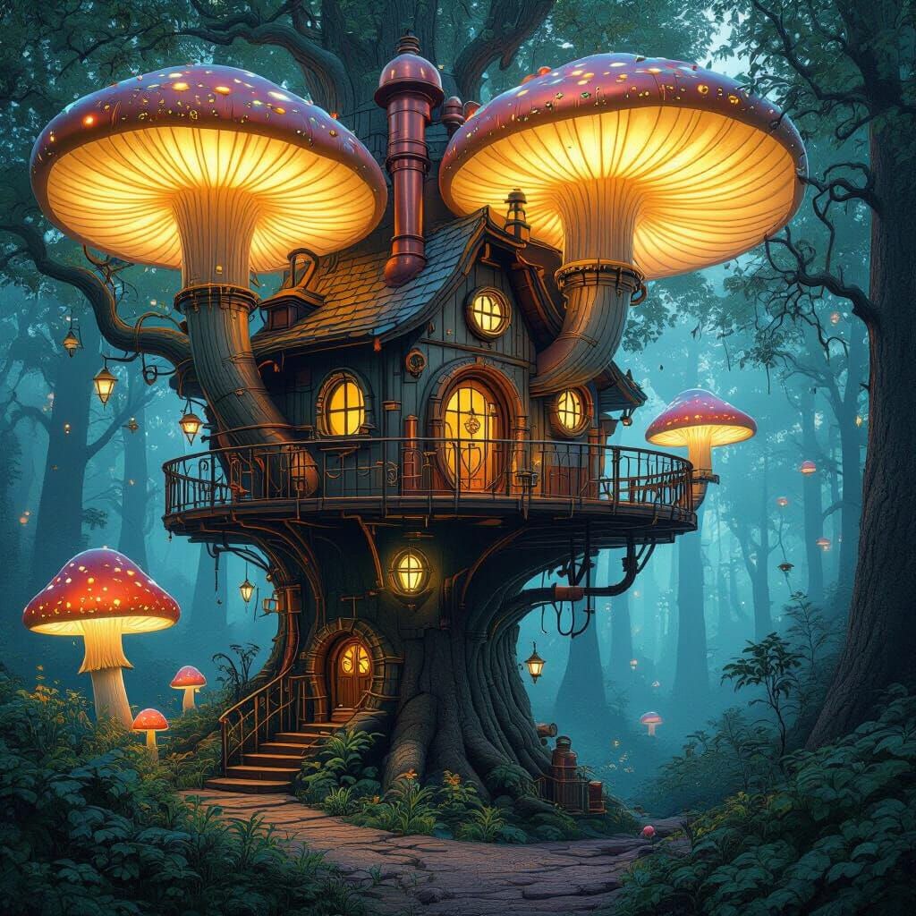 Steampunk Treehouse in Bioluminescent Mushroom Forest