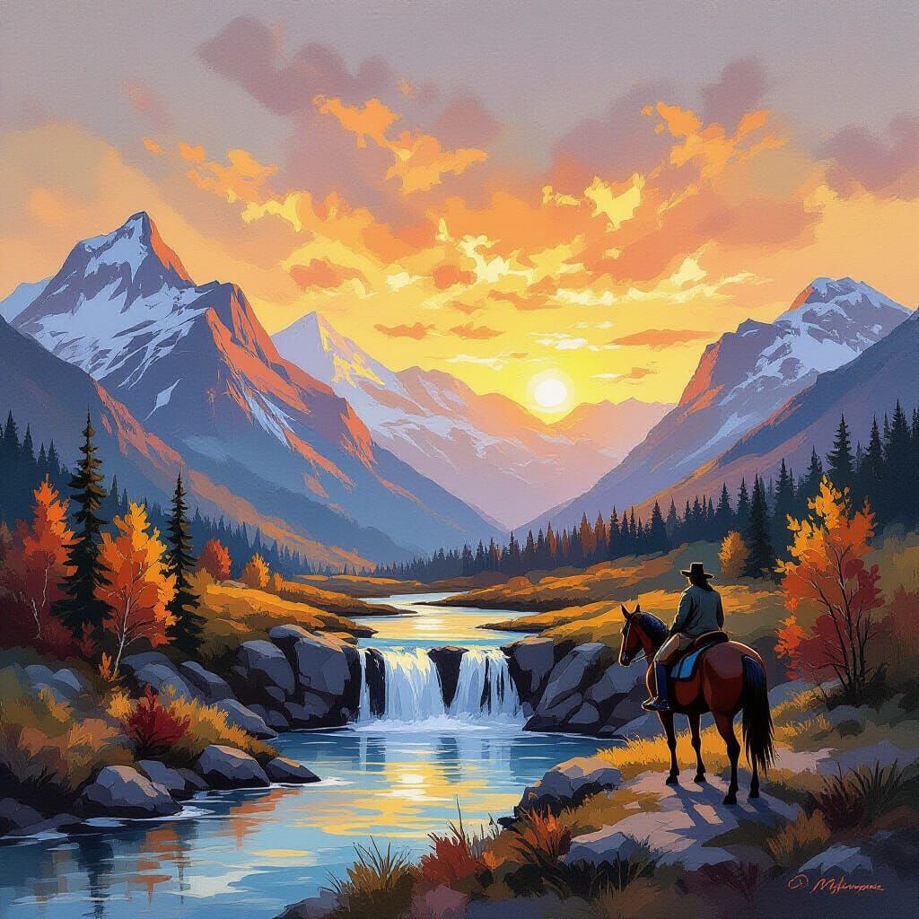 Dreamlike Autumn Sunset Landscape with Horse Rider