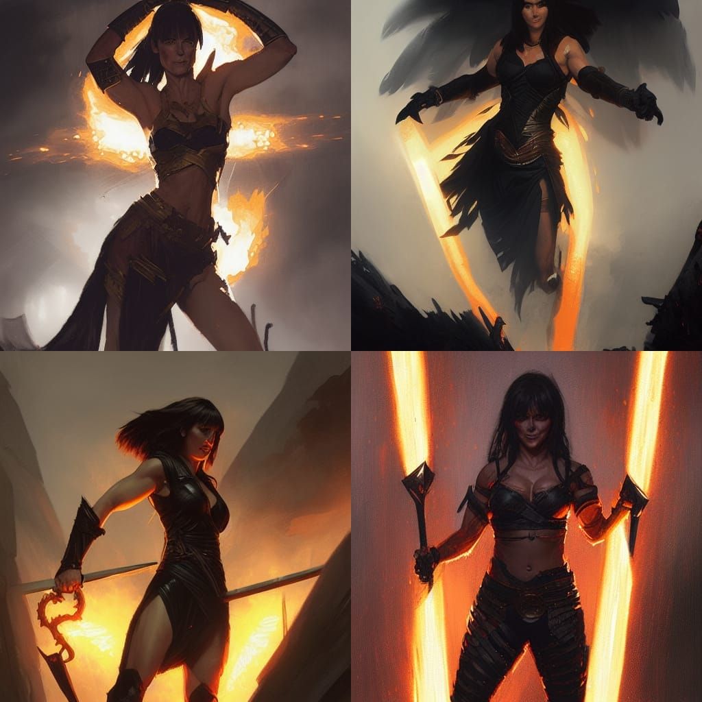 Xena's Fiery Fury in Dark Fantasy Art
