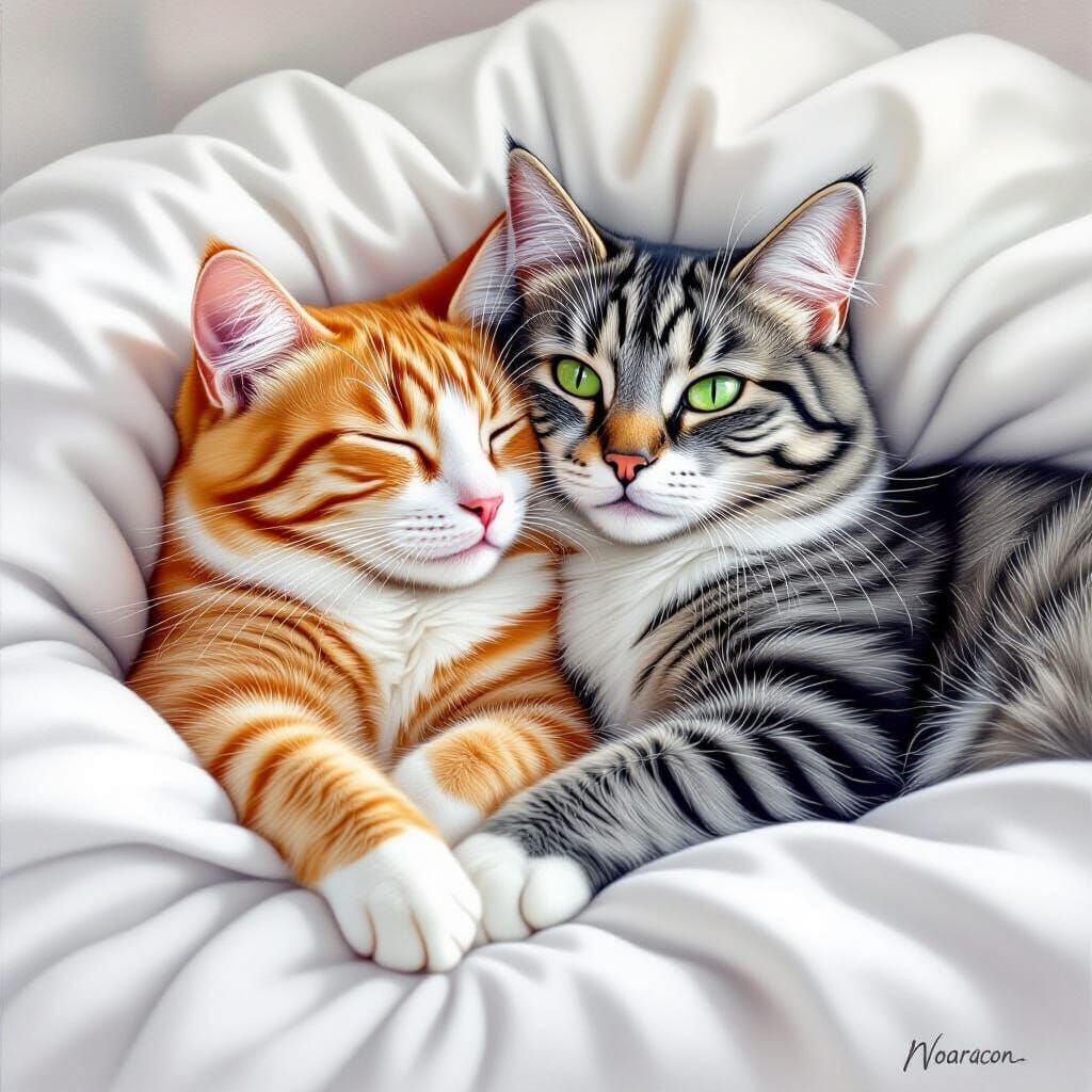 Detailed Colored Pencil Drawing of Two Cats Resting Together