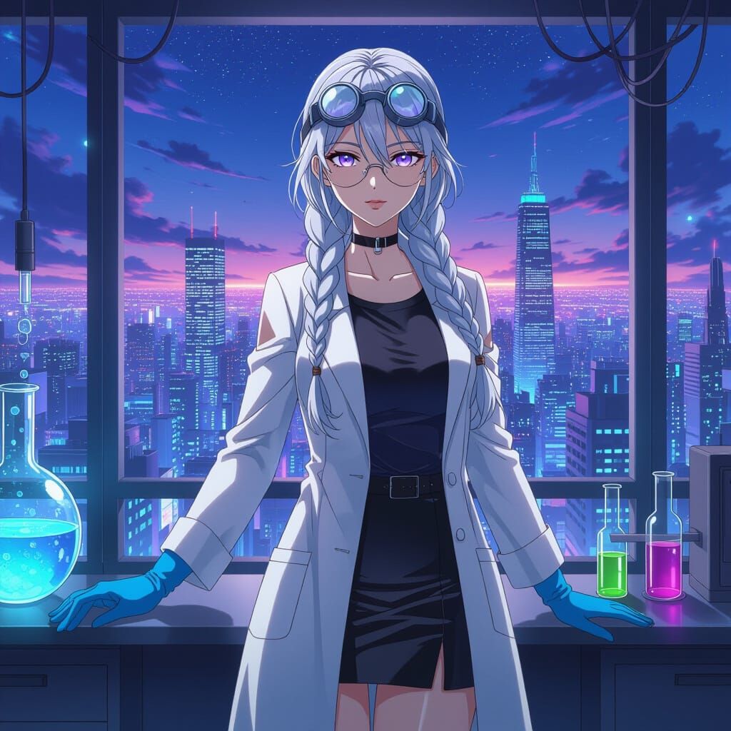 Anime Scientist Woman in Lab with Cityscape View