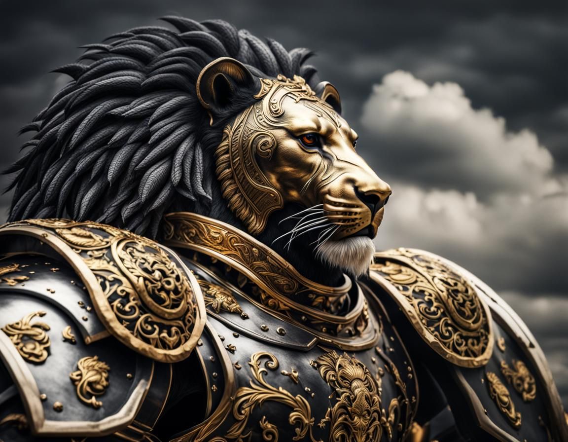 Majestic Lion in Resplendent White and Gold Armour