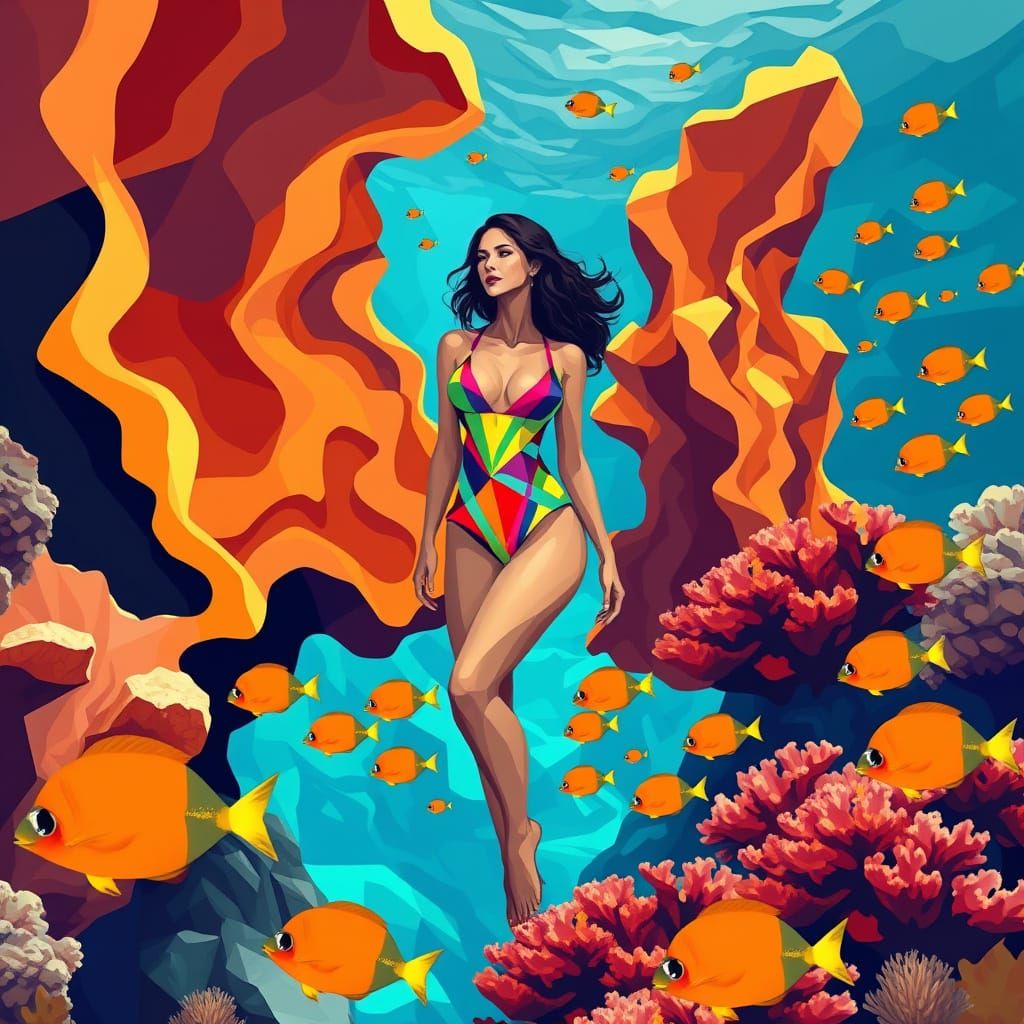 Vibrant Coral Reef Scene in Neo-Cubist Style