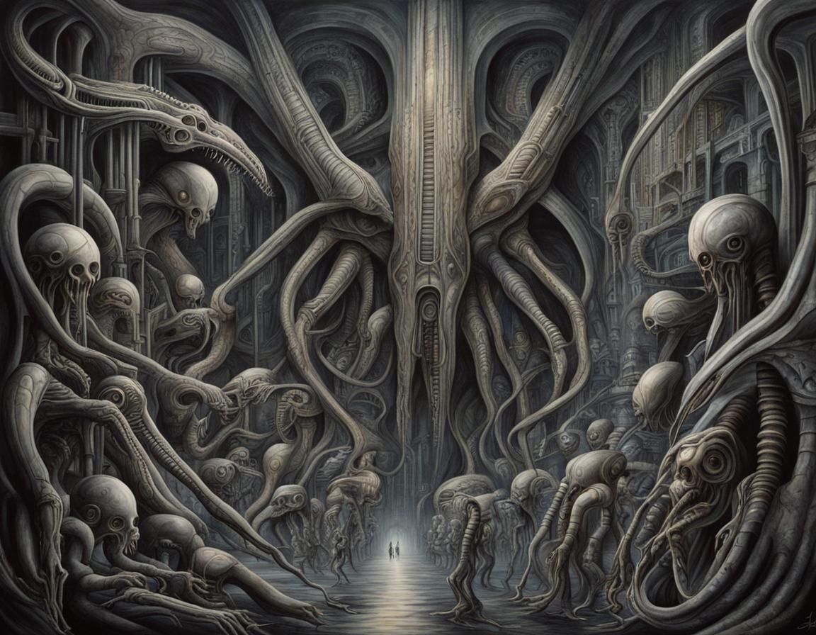 Biomechanical People in a Dark, Underground Cityscape