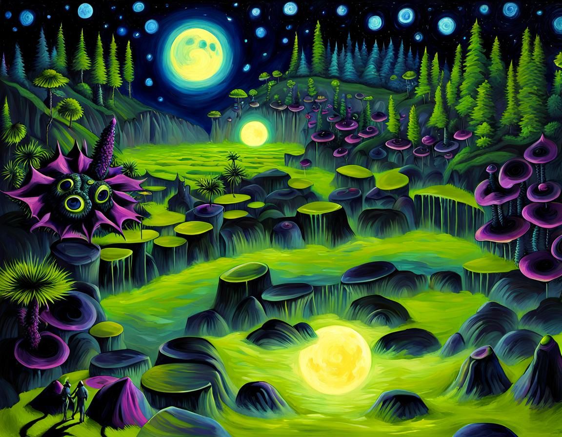 Grotesque Spacepunk Figures Dancing in Moonlight