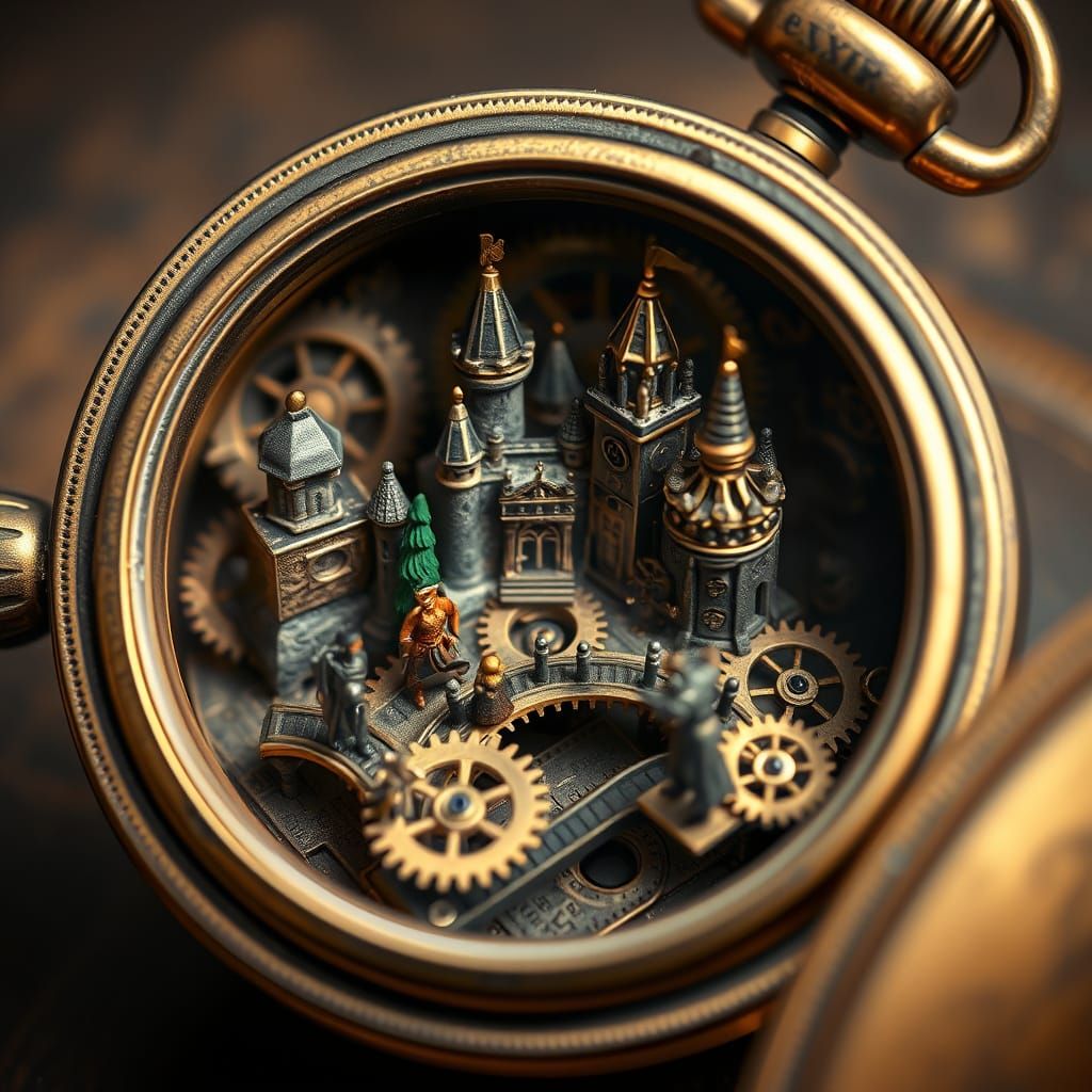 Miniature Steampunk Kingdom Inside Vintage Pocket Watch