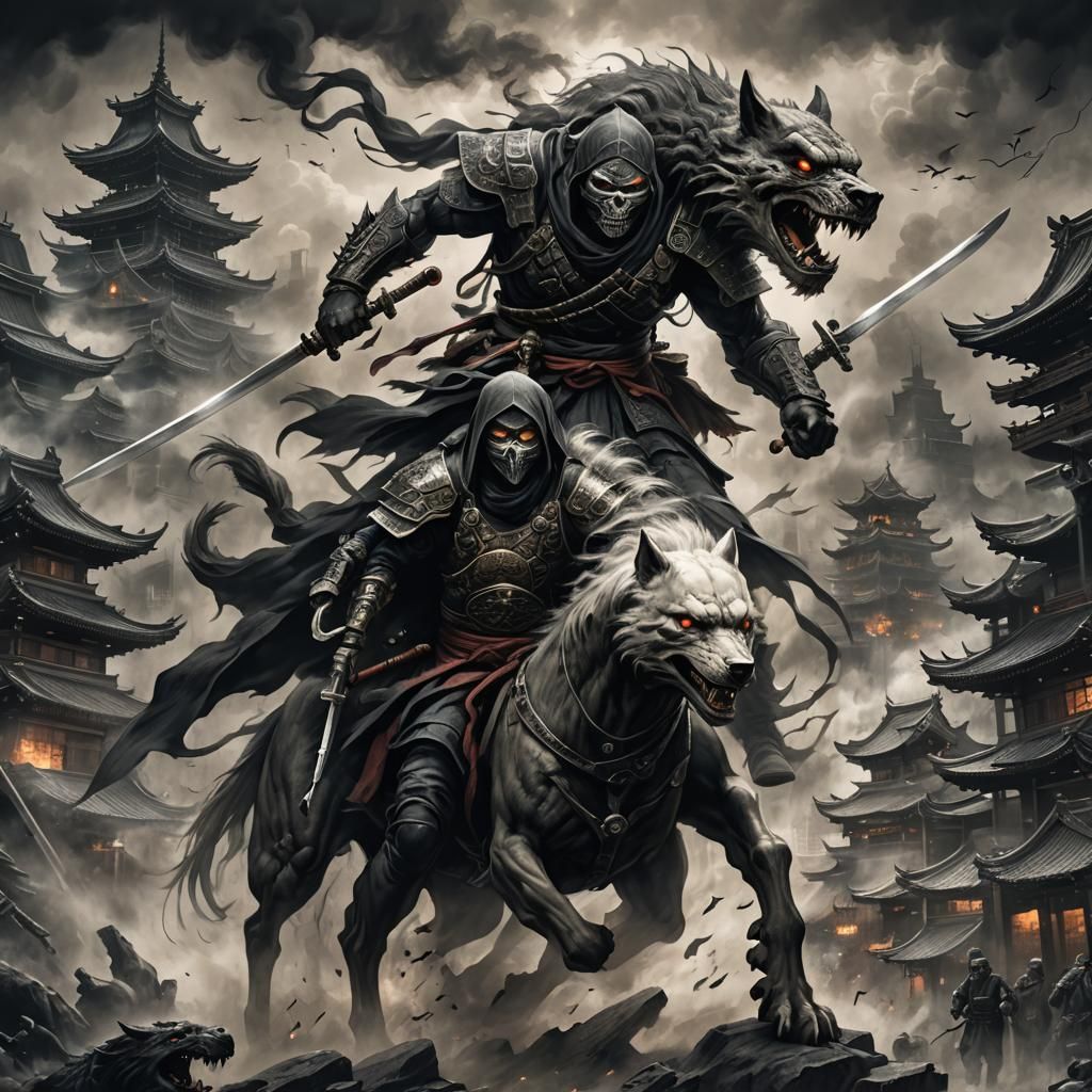 Skull Head Ninja Rides Cyberwolf in Dark Japanese City