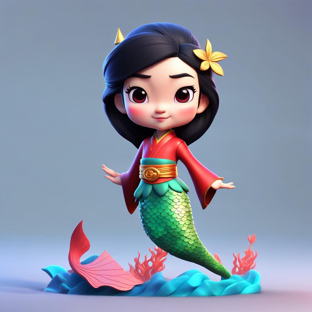 Disney Chibi Mermaid Mulan in Vibrant Pixel Art