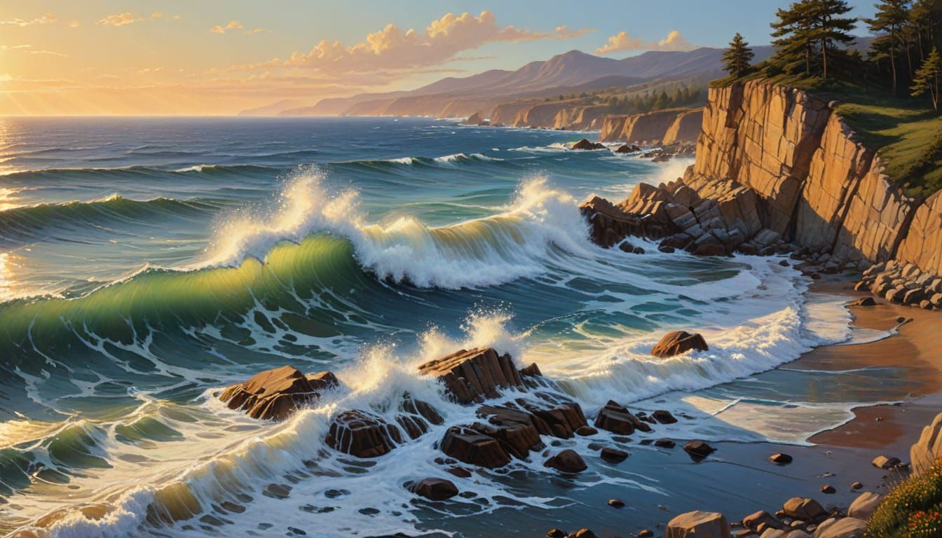 Waves Crashing on Rocky Shore in Oil Painting