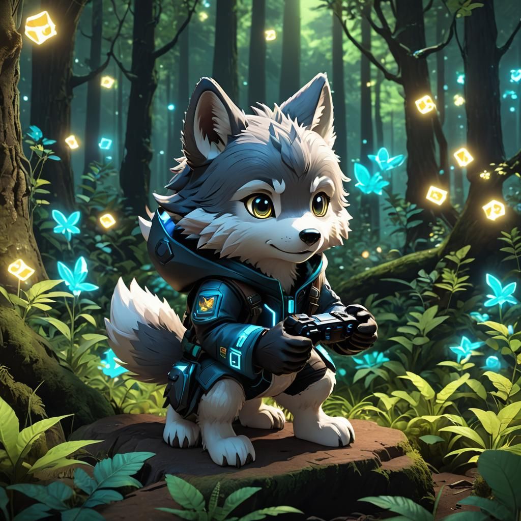 Chibi Gamer Wolf Thrives in Glowing Forest