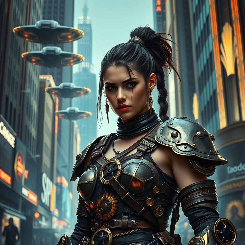 Steampunk Warrior in Retro-Futuristic City