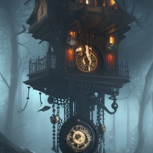 Mystical Cuckoo-Clock Heart in Dark Fantasy Style