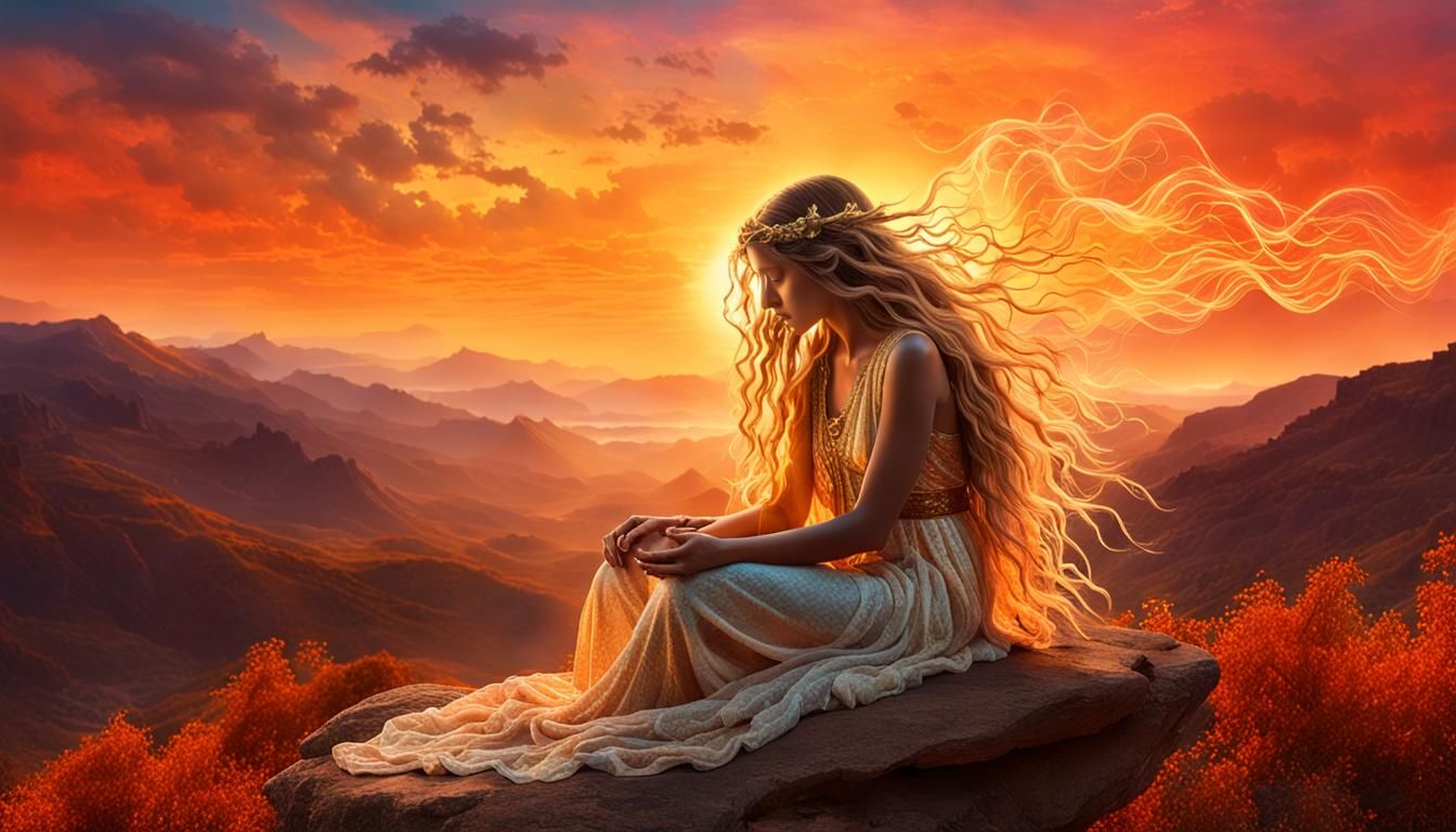 A Surreal Sunset Scene Featuring Enchanted Creatures