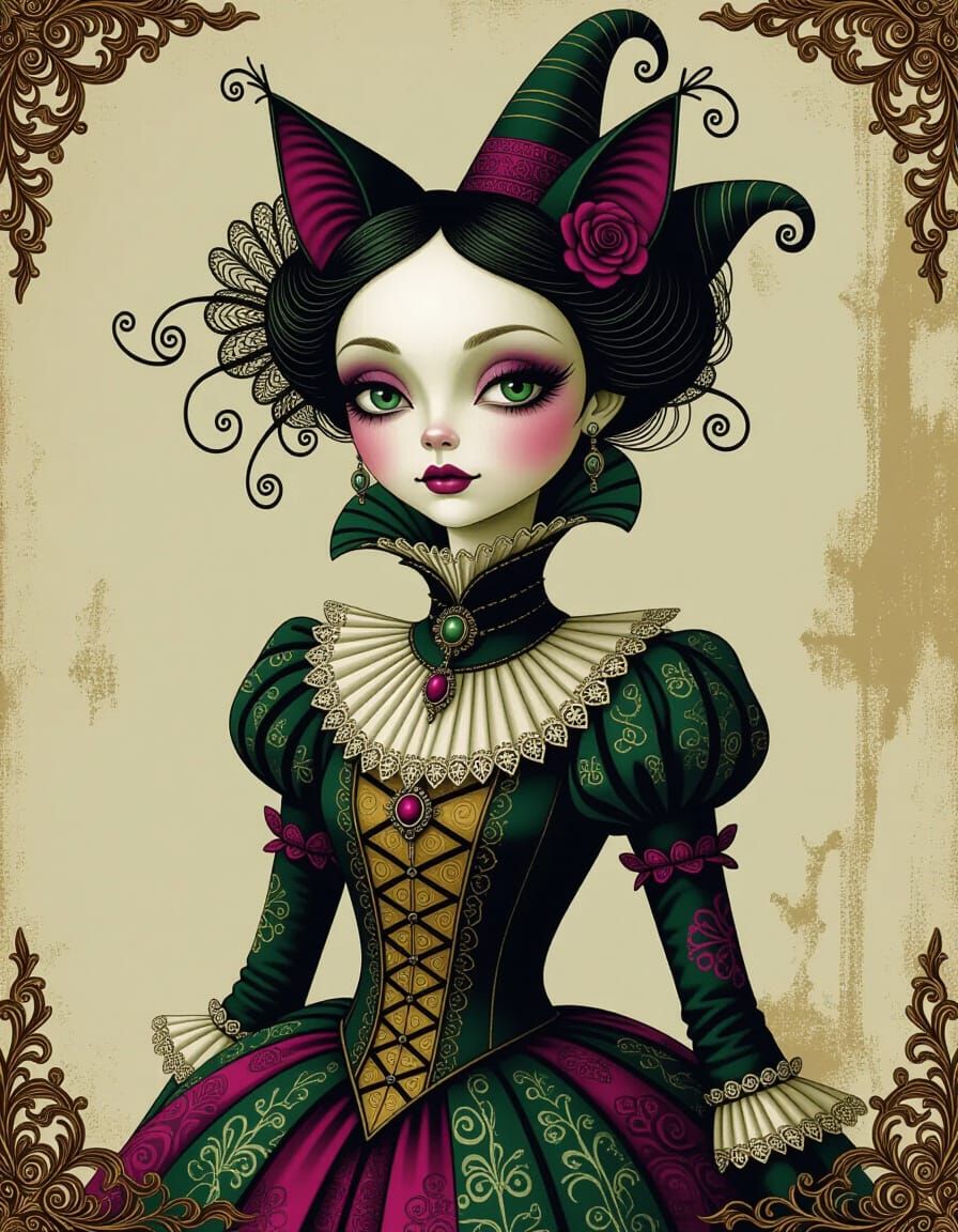Whimsical Character in Ornate Attire as Mixed Media Art