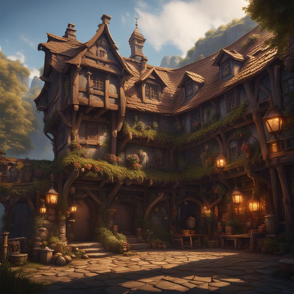 Fantastical Inn with Hammer and Scimitar Symbolism