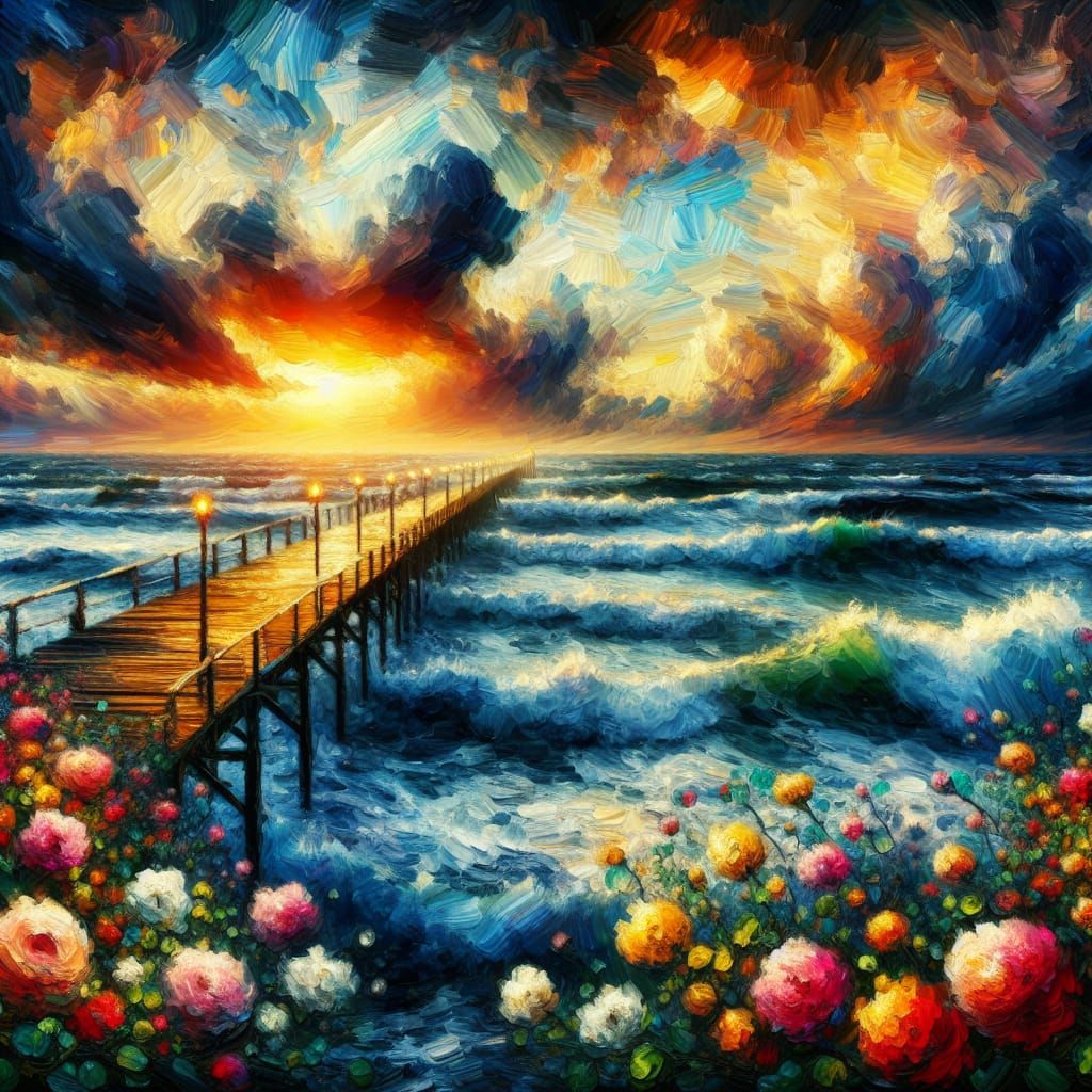 Stormy Sunset with Vibrant Flowers and Pier