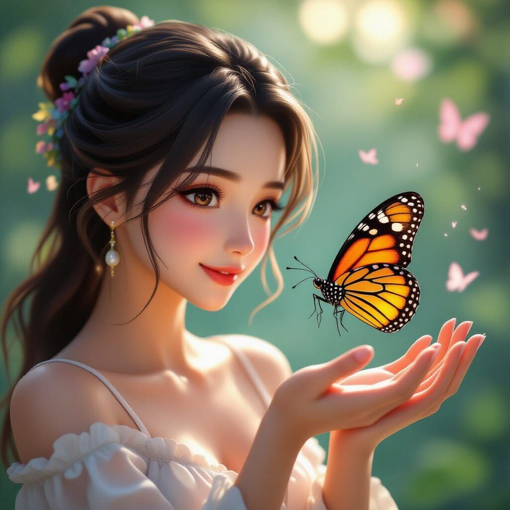 Woman Smiles as Butterfly Lands on Hand