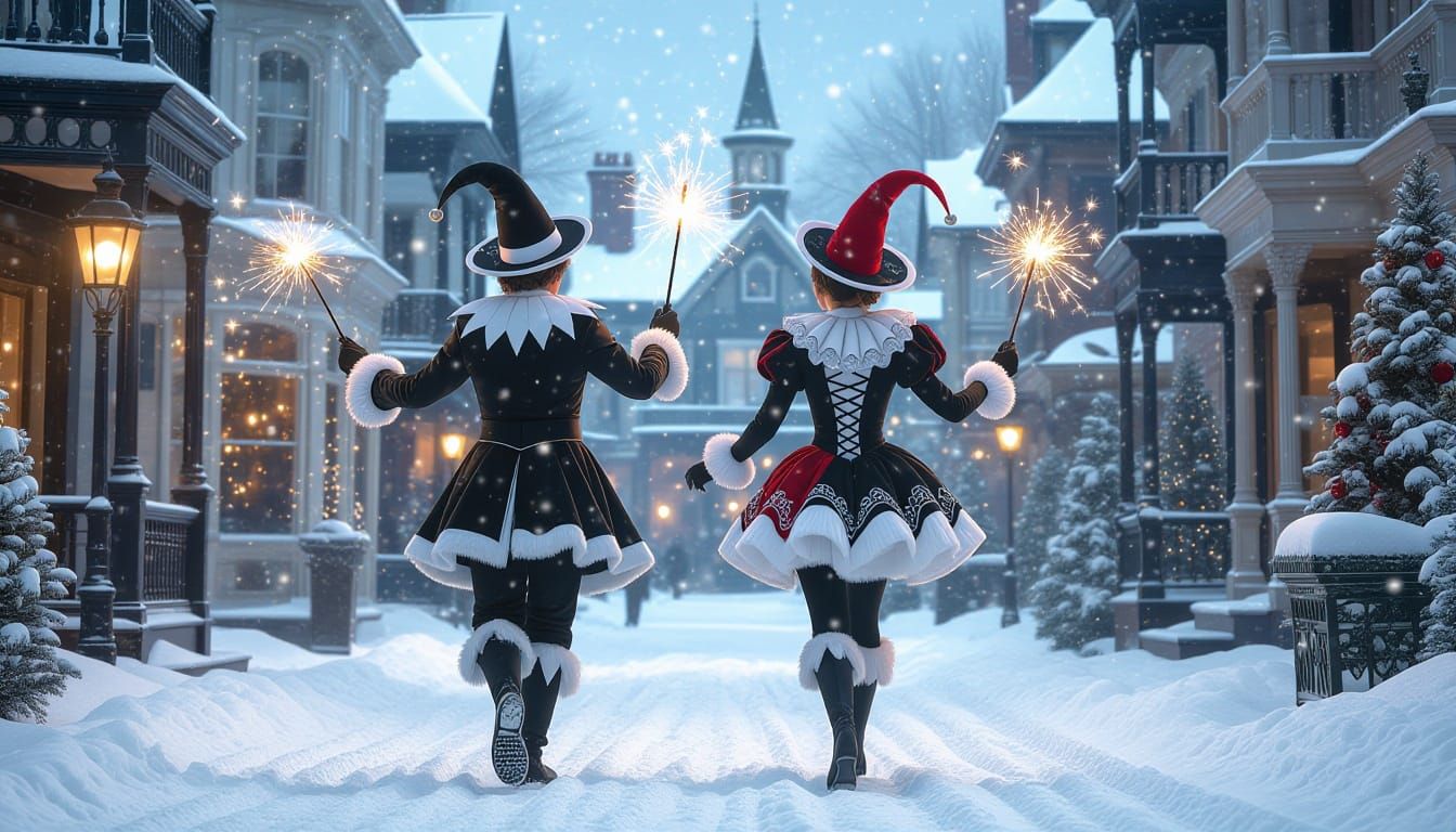 Victorian Christmas Jesters Sparkle in Snowy Street