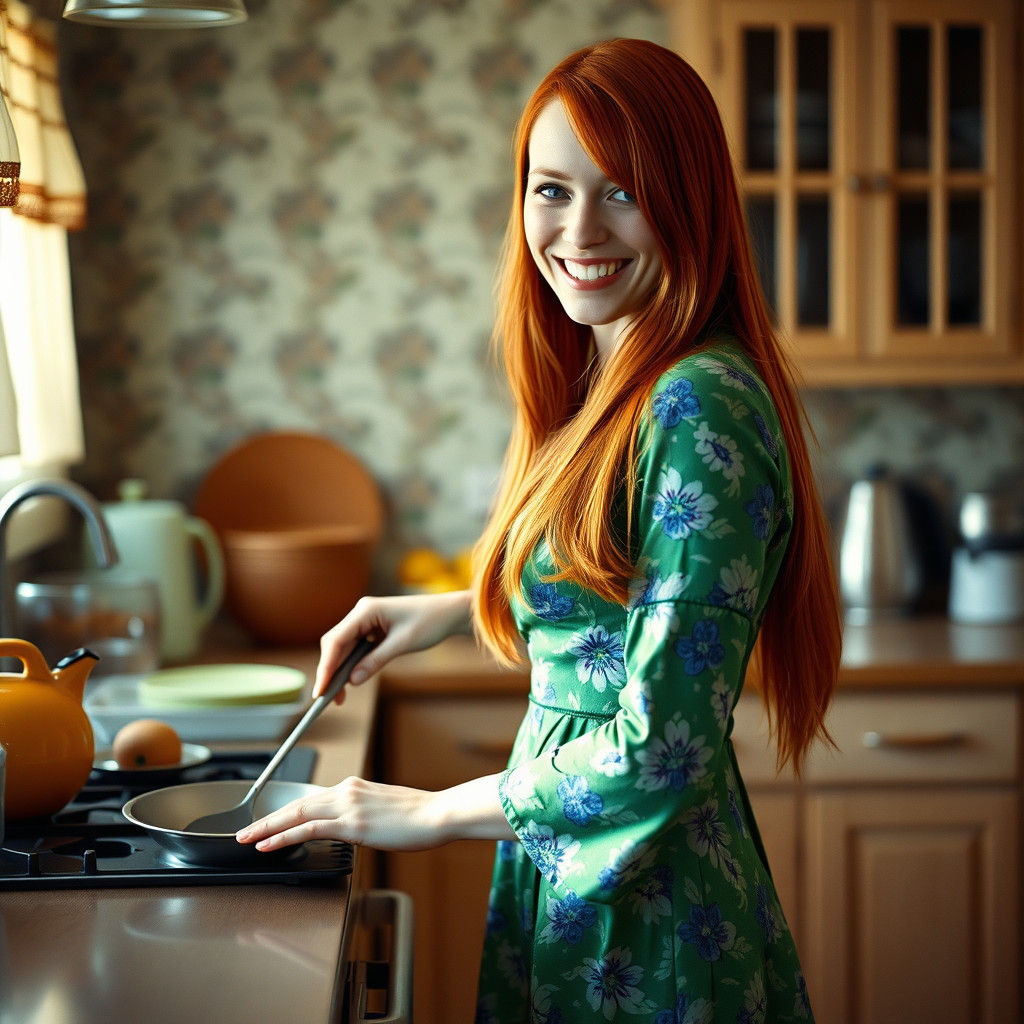 Ravishing 1970s-Style Tradwife in Vintage Kitchen Setting