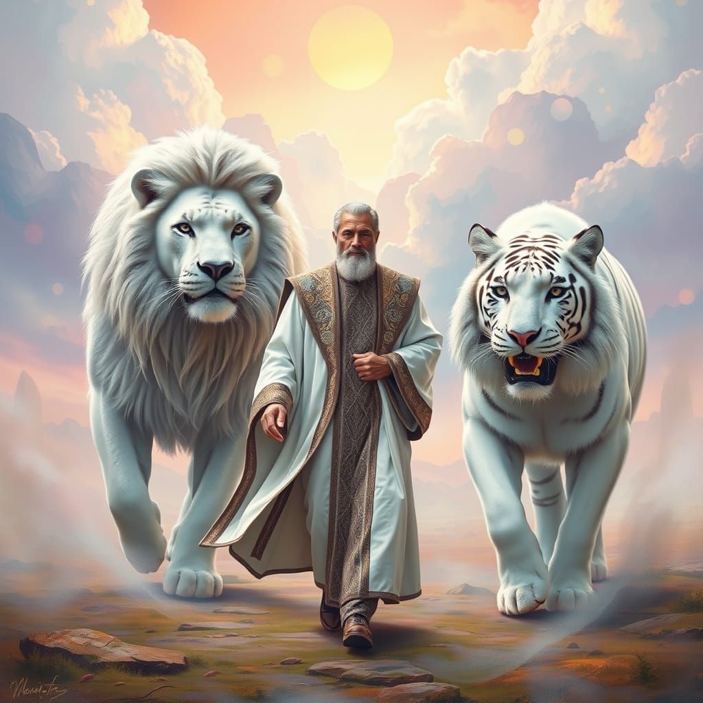 Wise Man with Lion and Tiger in Dreamscape