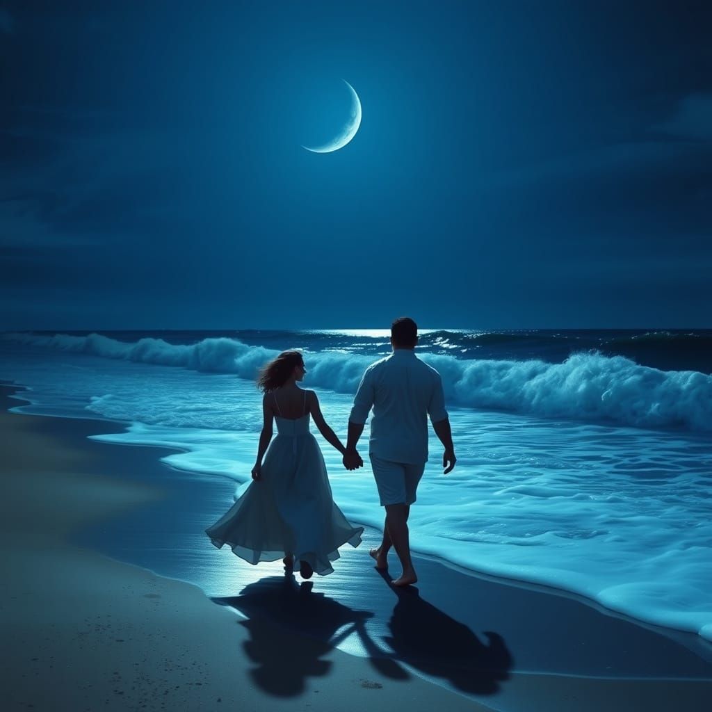 Romantic Couple on Beach at Night: Hyper-realistic Scene