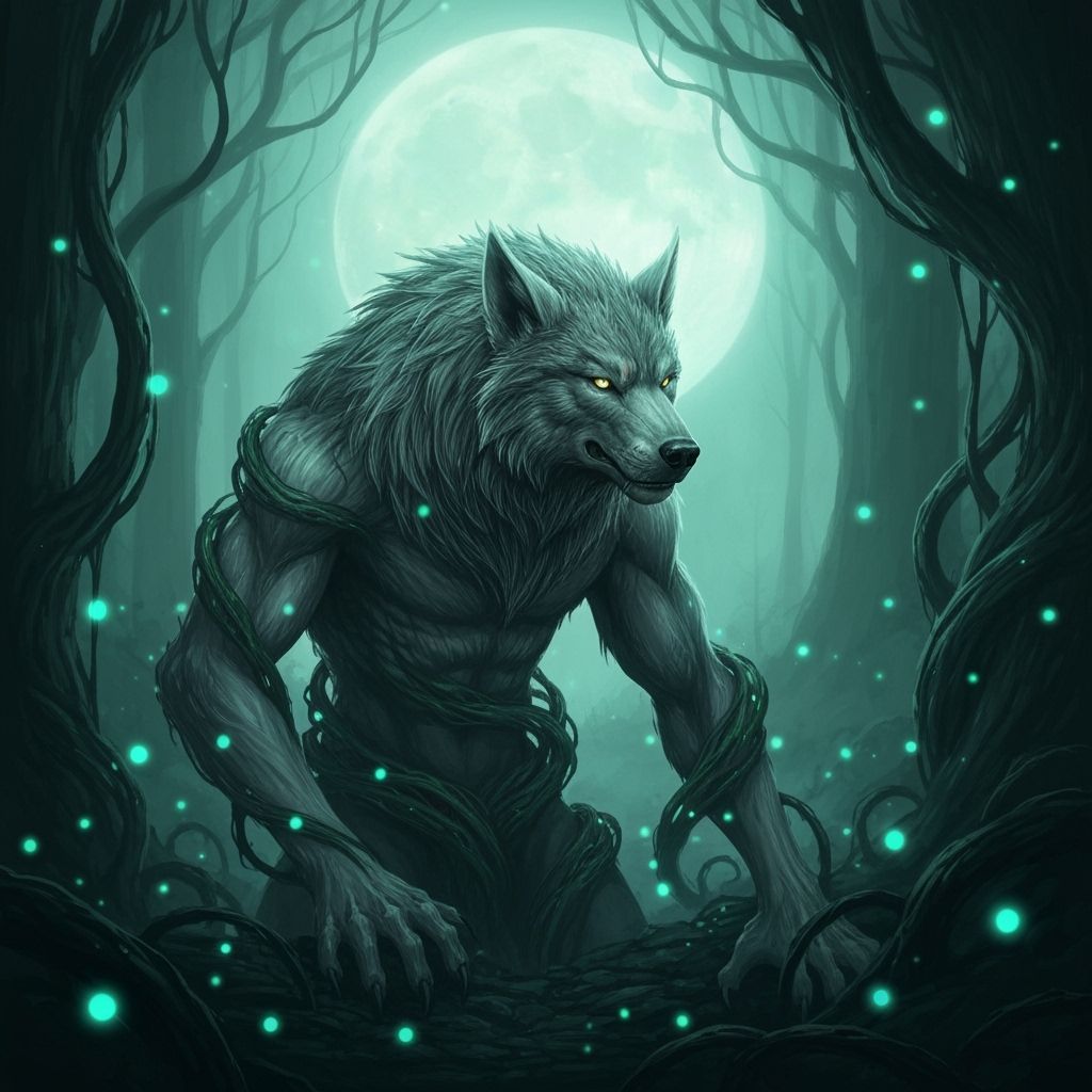 Majestic Werewolf with Glowing Eyes in Mystical Forest