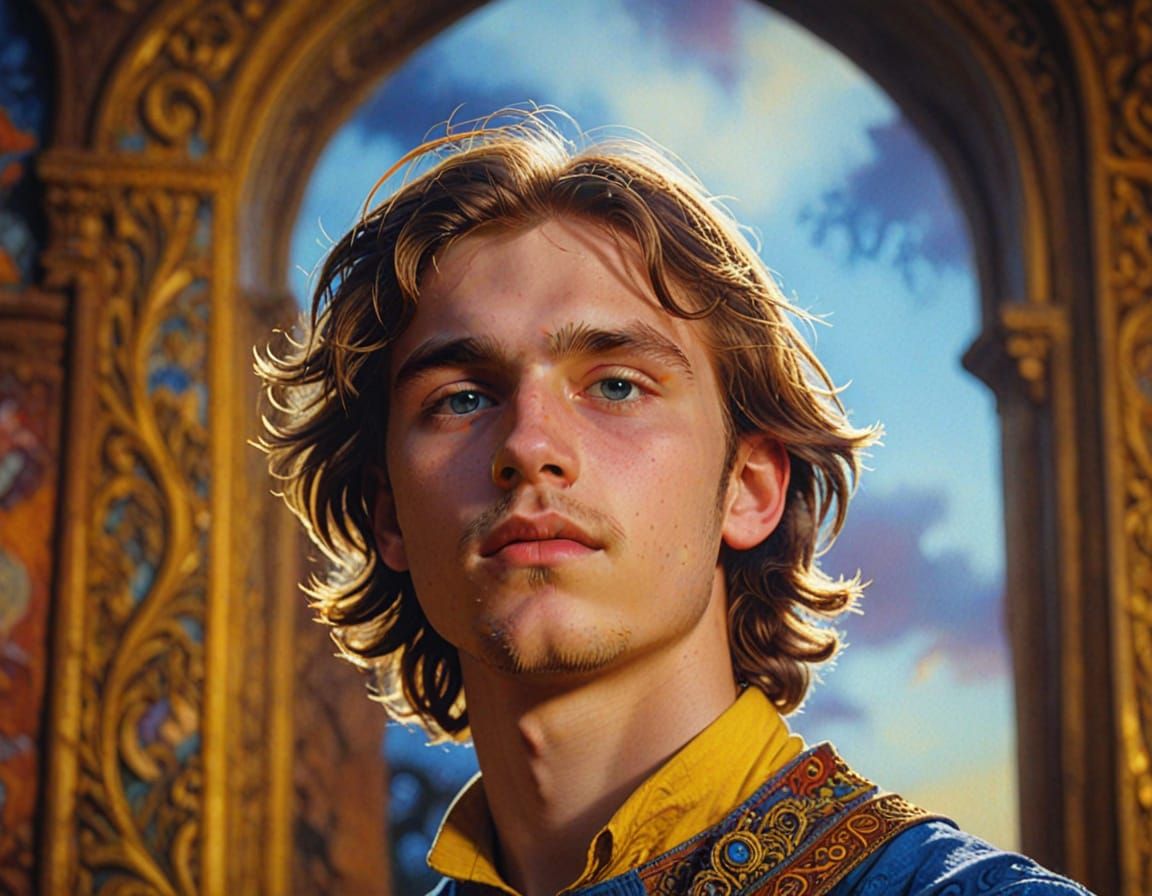 Ethereal 80s Teen in Vibrant Yellow and Blue Psychedelic Art