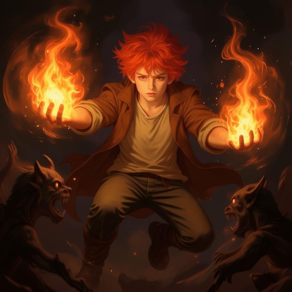 Fiery Boy Levitating with Fire Orbs in Fantasy Style