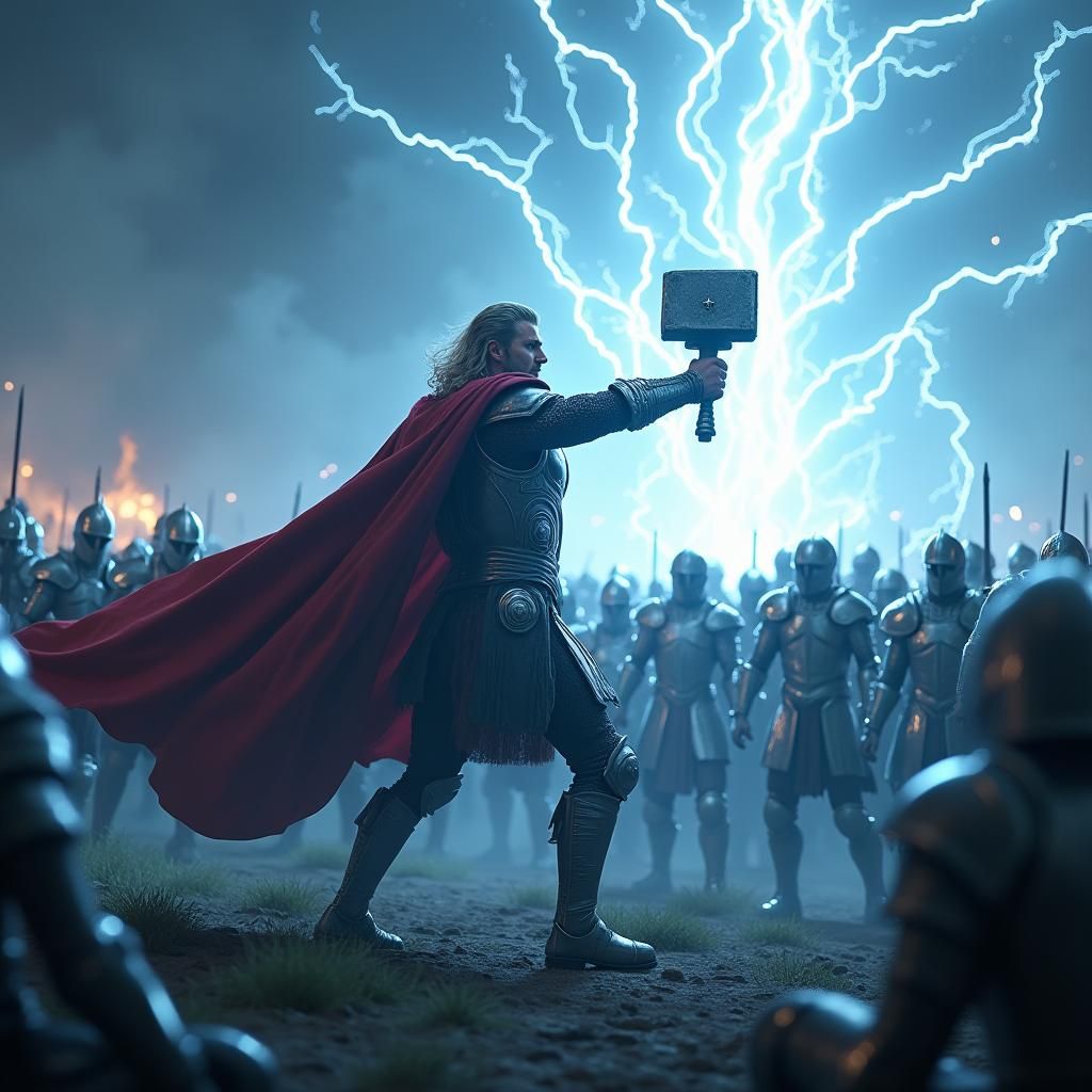 Thor Wields Mjolnir Amidst Electric Storm