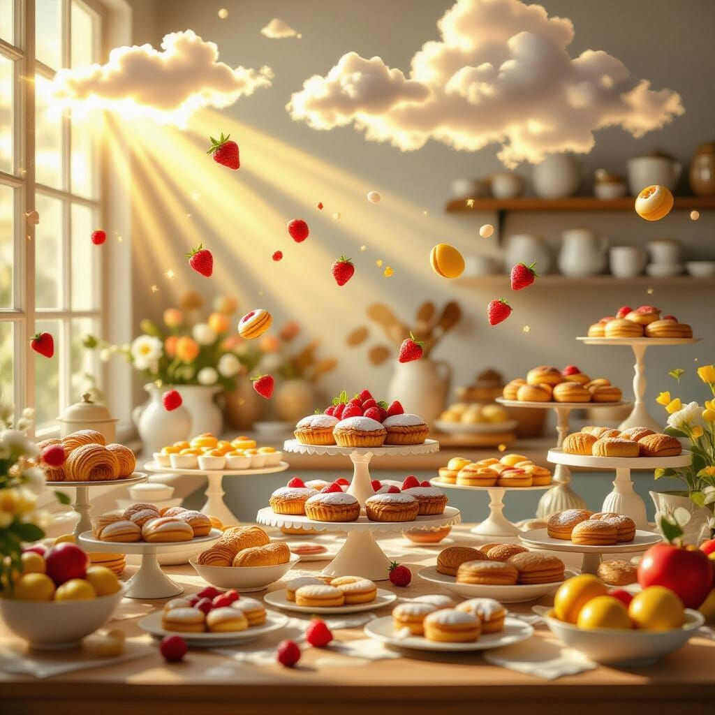 Whimsical Pastry Kitchen with Floating Desserts & Fruits