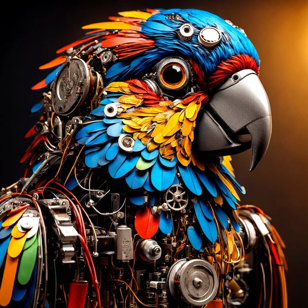 Steampunk Parrot Sculpture Art with Electronic Components