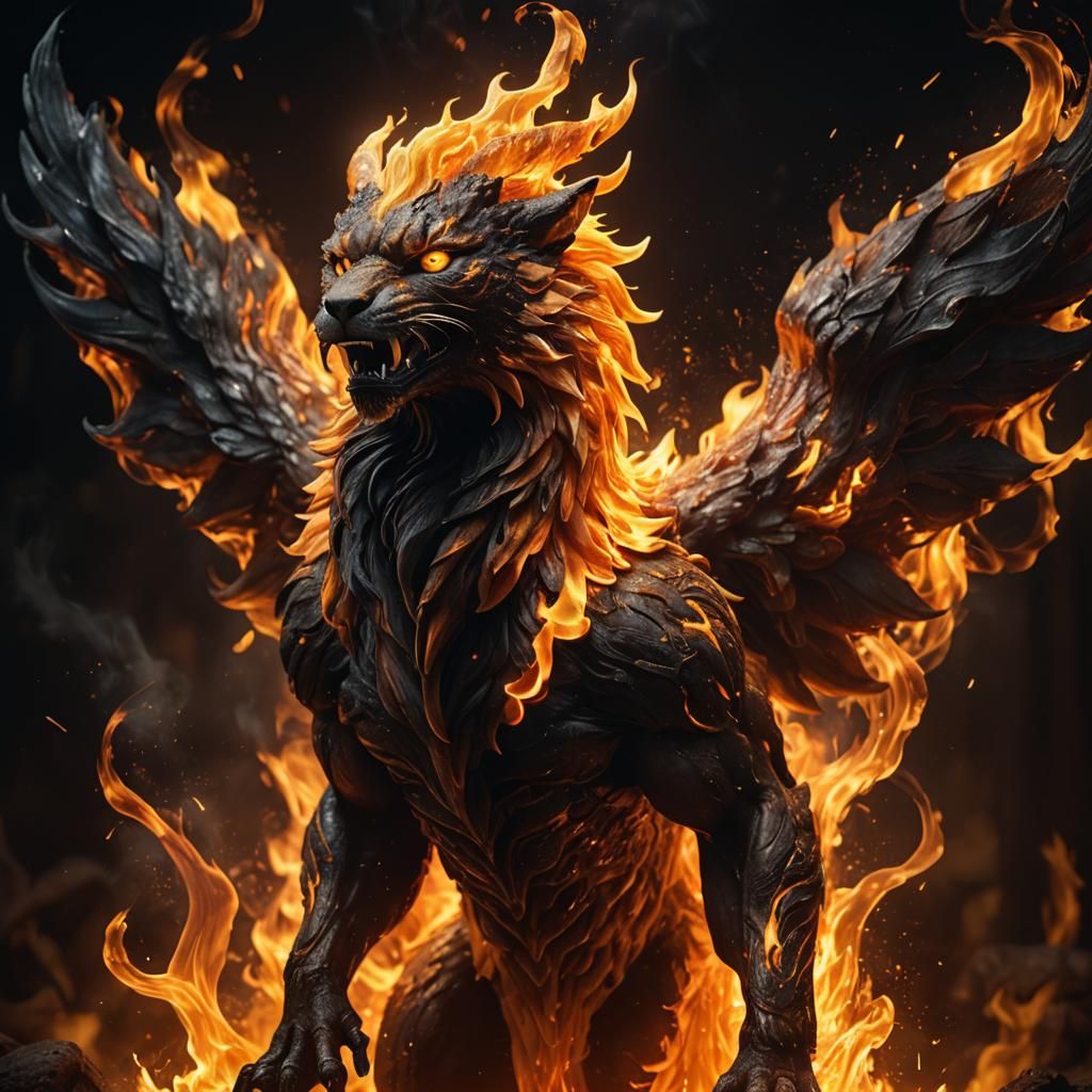 Dramatic Phoenix Form Blazes in Dark, Smoldering Environment