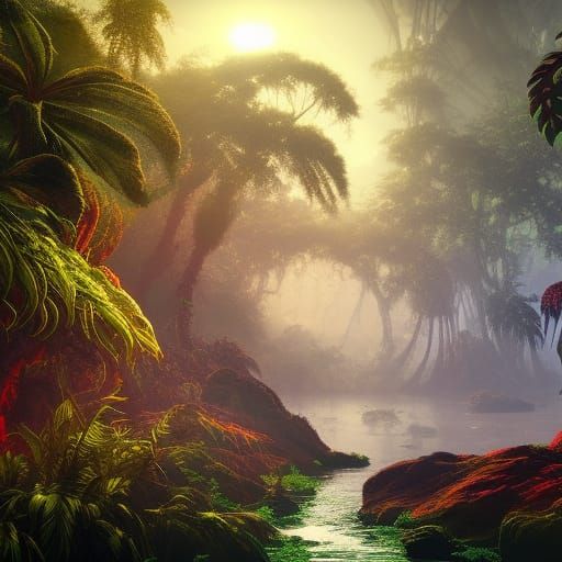 Majestic Alien Jungle Landscape at Sunset